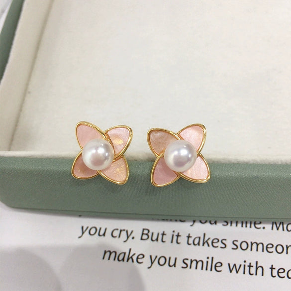 Freshwater Pearl Earrings For Women S225 Sterling Silver Needle Natural Pink Flower Design Oblate Shape