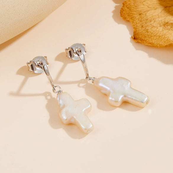 Freshwater Pearl Earrings S925 Sterling Silver Geometric Baroque Shaped Inlaid With Pearls