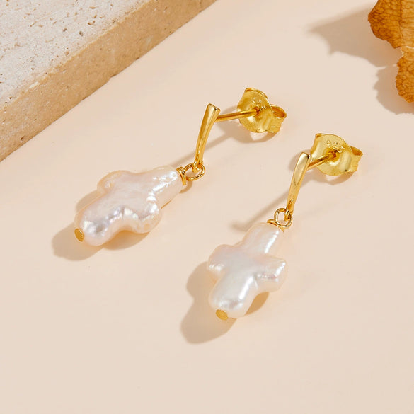 Freshwater Pearl Earrings S925 Sterling Silver Geometric Baroque Shaped Inlaid With Pearls