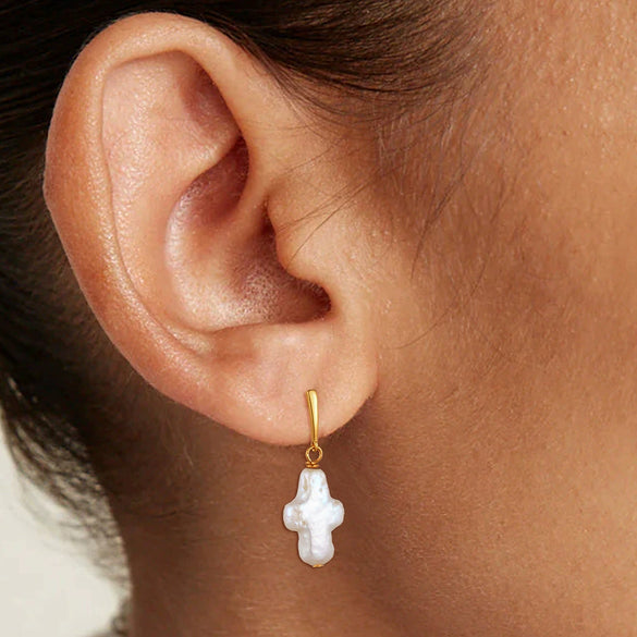 Freshwater Pearl Earrings S925 Sterling Silver Geometric Baroque Shaped Inlaid With Pearls