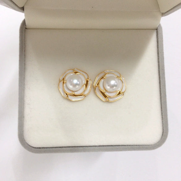Freshwater Pearl Earrings S925 Sterling Silver 18K Goldfilled Dripping Glaze Paint Camellia Shape For Women