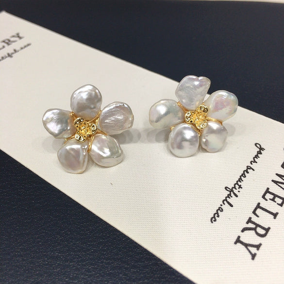 Freshwater Pearl Earrings S925 Sterling Silver Petal Baroque Alien Shape Women's Fashion