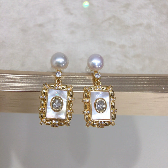 Freshwater Pearl Earrings S925 Sterling Silver Square Sea Shell Female