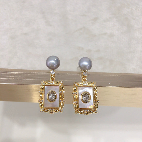 Freshwater Pearl Earrings S925 Sterling Silver Square Sea Shell Female