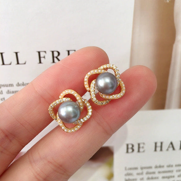 Freshwater Pearl Earrings S925 Sterling Silver Women's Round Oblate Style