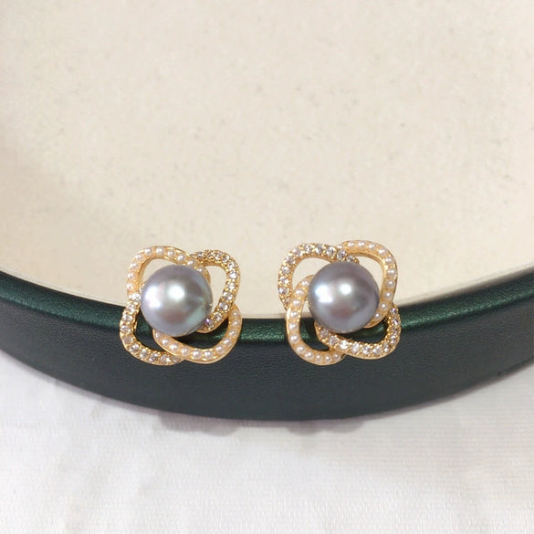 Freshwater Pearl Earrings S925 Sterling Silver Women's Round Oblate Style