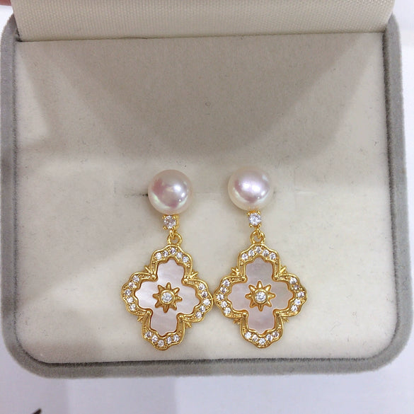 Freshwater Pearl Earrings Women's Vintage Style Cross With Natural Seashell Fritillary Inlay And Oblate Pearls