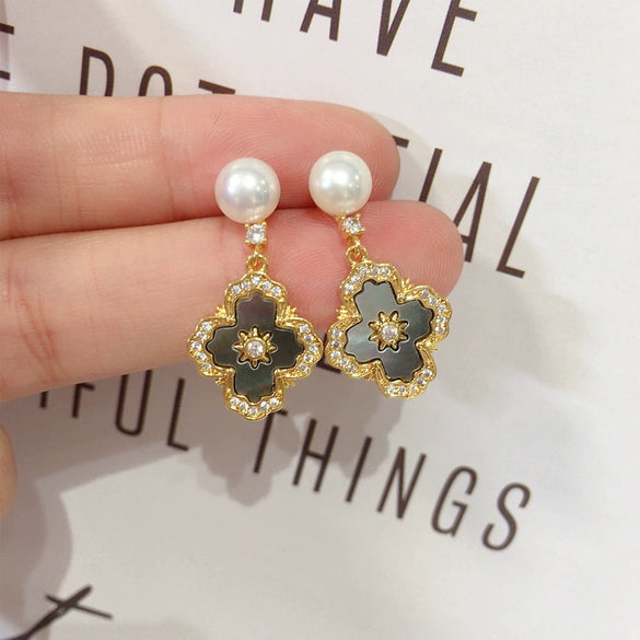 Freshwater Pearl Earrings Women's Vintage Style Cross With Natural Seashell Fritillary Inlay And Oblate Pearls