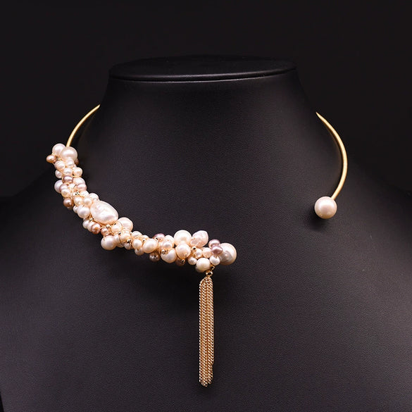 Freshwater Pearl Handmade Tassel Collar Retro Necklace 18K Gold Plated Geometric Design