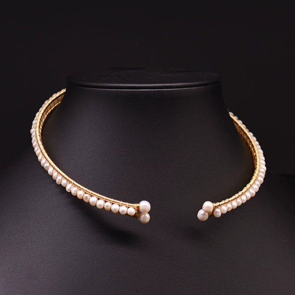 Freshwater Pearl Handmade Tassel Collar Retro Necklace 18K Gold Plated Geometric Design