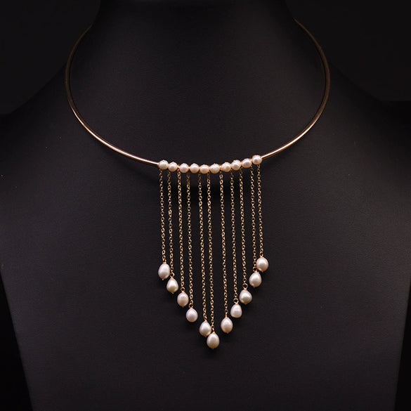 Freshwater Pearl Handmade Tassel Collar Retro Necklace 18K Gold Plated Geometric Design