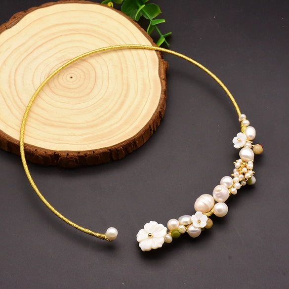 Freshwater Pearl Handmade Tassel Collar Retro Necklace 18K Gold Plated Geometric Design