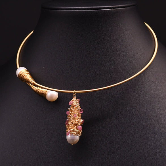 Freshwater Pearl Handmade Tassel Collar Retro Necklace 18K Gold Plated Geometric Design