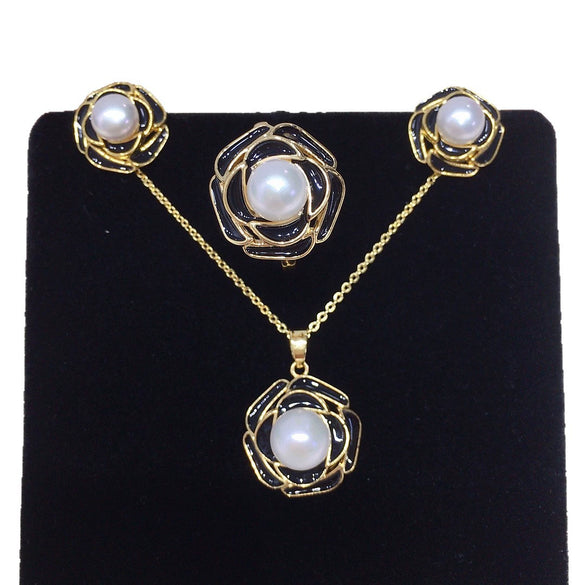 Freshwater Pearl Jewelry Set With Camellia Design Pendant Stud Earrings And Ring
