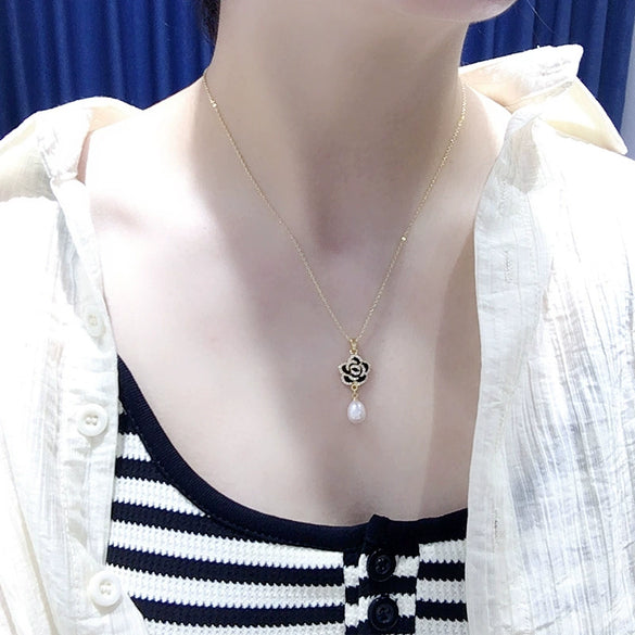 Freshwater Pearl Jewelry Set With Microinlaid Zircon And Black Oildropping Camellia Design