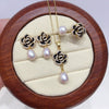 Freshwater Pearl Jewelry Set With Microinlaid Zircon And Black Oildropping Camellia Design
