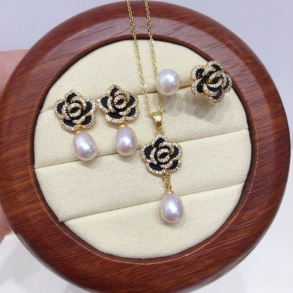 Freshwater Pearl Jewelry Set With Microinlaid Zircon And Black Oildropping Camellia Design