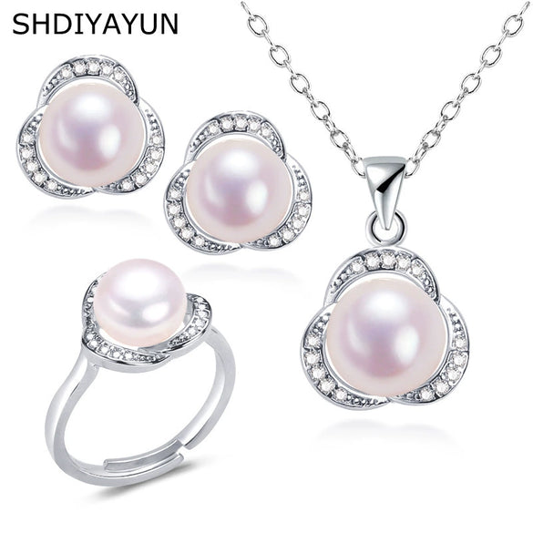 Freshwater Pearl Jewelry Set With Pendant Earrings And Ring And Clover Flower Design