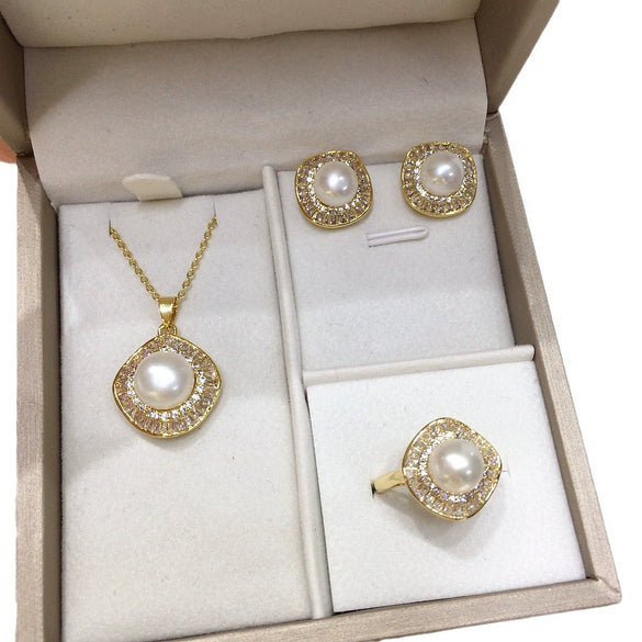 Freshwater Pearl Jewelry Set With Square Zircon Micro Set