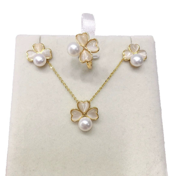 Freshwater Pearl Opal Clover Pendant Earring Ring Jewelry Set