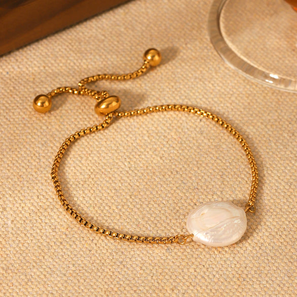 Freshwater Pearl Pendant Bracelet Stainless Steel Box Chain Titanium Steel Nonfading Geometric Minimalist Women's Jewelry