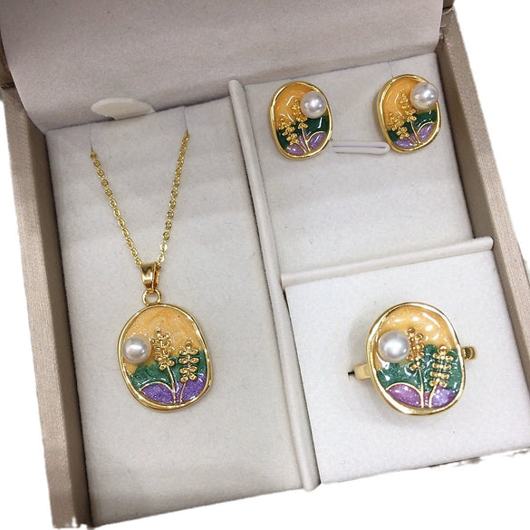 Freshwater Pearl Pendant Earring Ring Suit Retro Oil Painting Style