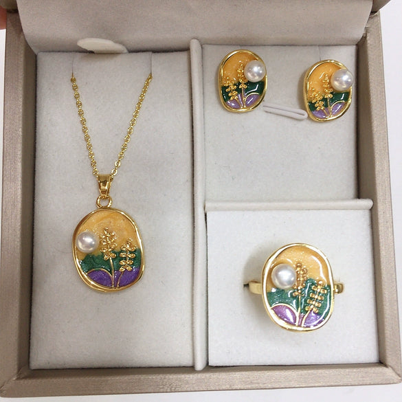 Freshwater Pearl Pendant Earring Ring Suit Retro Oil Painting Style