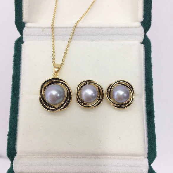 Freshwater Pearl Pendant Earring Set Highgloss Natural Bird's Nest Style