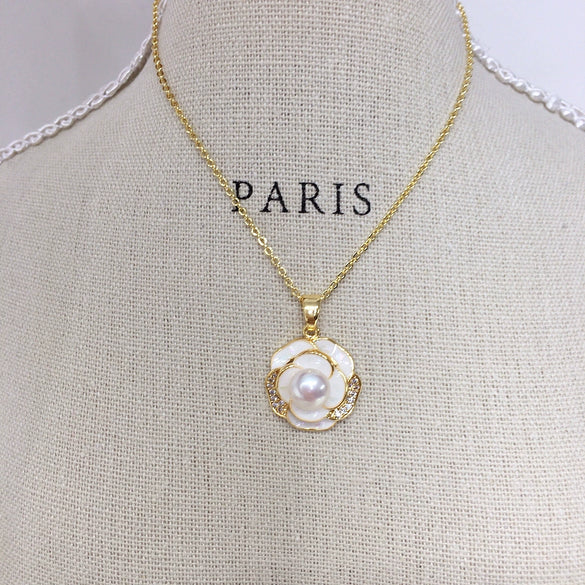 Freshwater Pearl Pendant Earrings Light Luxury Broken Shellfish Micro Zircon Camellia Design