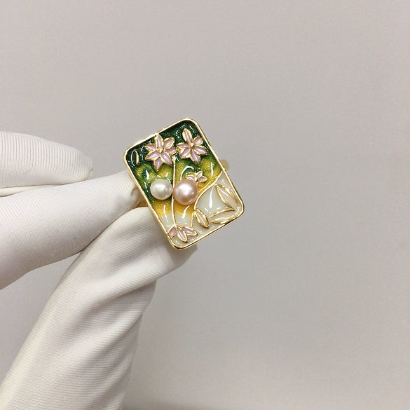 Freshwater Pearl Pendant Earrings Ring Jewelry Set With Middle Ancient Style And Monet Garden Oil Painting Design