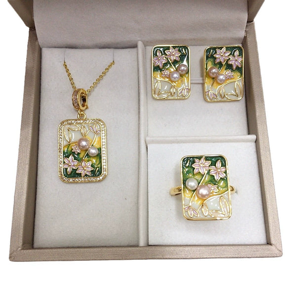 Freshwater Pearl Pendant Earrings Ring Jewelry Set With Middle Ancient Style And Monet Garden Oil Painting Design