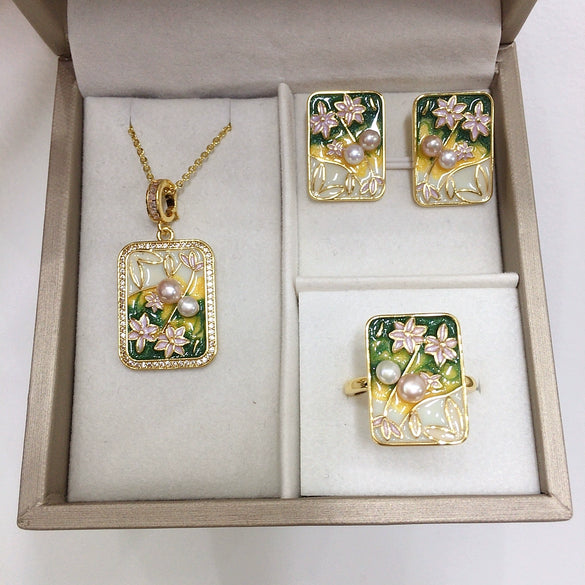 Freshwater Pearl Pendant Earrings Ring Jewelry Set With Middle Ancient Style And Monet Garden Oil Painting Design