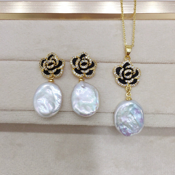 Freshwater Pearl Pendant Earrings With Micro Inlaid Zircon And Camellia Design