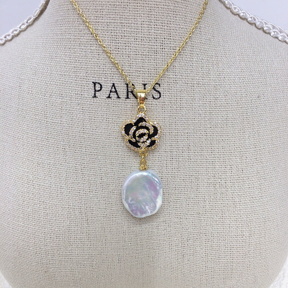 Freshwater Pearl Pendant Earrings With Micro Inlaid Zircon And Camellia Design