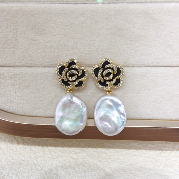 Freshwater Pearl Pendant Earrings With Micro Inlaid Zircon And Camellia Design