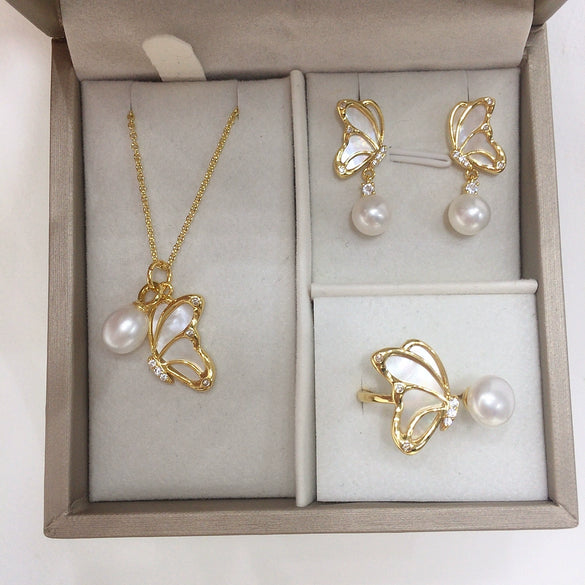 Freshwater Pearl Pendant Earrings With Sea Shell And Butterfly Design