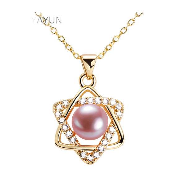 Freshwater Pearl Pendant Necklace Copper Plated With Real Gold Sixpointed Star Microinlaid Zircon