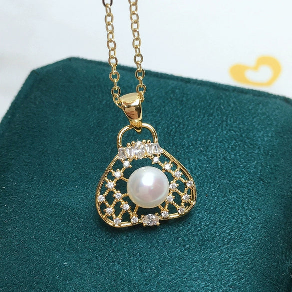 Freshwater Pearl Pendant Necklace Handbagshaped Copper Plated Real Gold