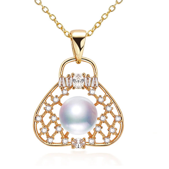 Freshwater Pearl Pendant Necklace Handbagshaped Copper Plated Real Gold
