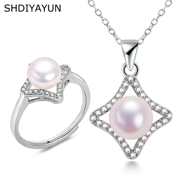 Freshwater Pearl Pendant Ring Set Jewelry Four Leaf Clover Square Style