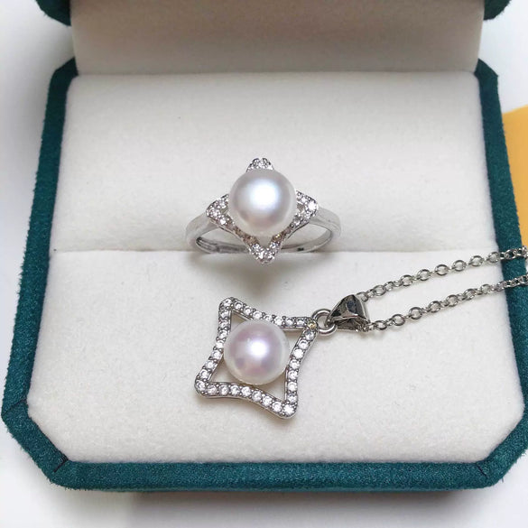 Freshwater Pearl Pendant Ring Set Jewelry Four Leaf Clover Square Style
