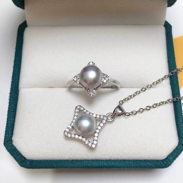 Freshwater Pearl Pendant Ring Set Jewelry Four Leaf Clover Square Style