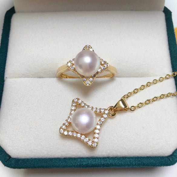Freshwater Pearl Pendant Ring Set Jewelry Four Leaf Clover Square Style