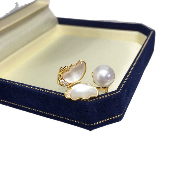 Freshwater Pearl Ring Butterfly Sea Shell Design Light Luxury Copper Women's Jewelry