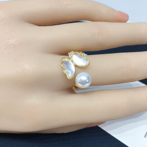 Freshwater Pearl Ring Butterfly Sea Shell Design Light Luxury Copper Women's Jewelry
