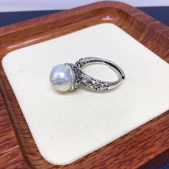 Freshwater Pearl Ring Copper Antique Silver Retro Alien Shape
