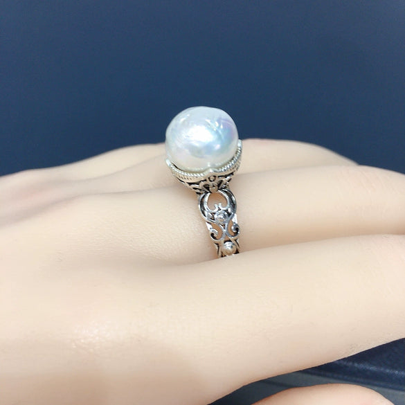 Freshwater Pearl Ring Copper Antique Silver Retro Alien Shape