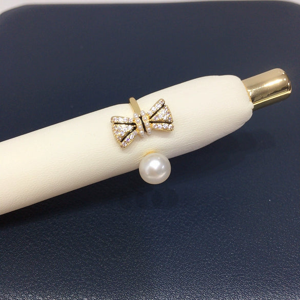 Freshwater Pearl Ring Copper Bow Design Women's Light Luxury Highend Jewelry