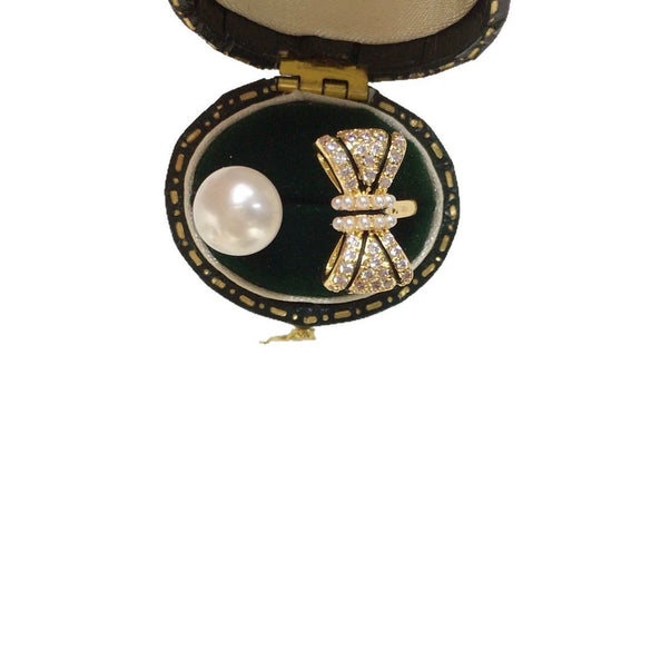 Freshwater Pearl Ring Copper Bow Design Women's Light Luxury Highend Jewelry