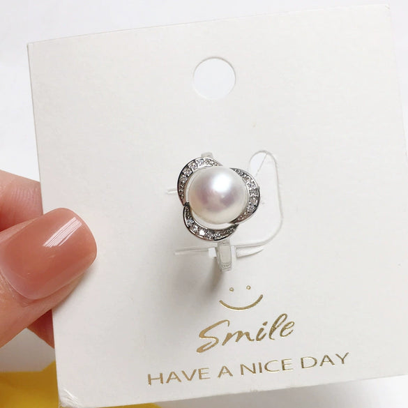 Freshwater Pearl Ring Copper Gold Plated With Zircon Micro Inlay Women's Style Flat Round And Steamed Bread Round Pearl